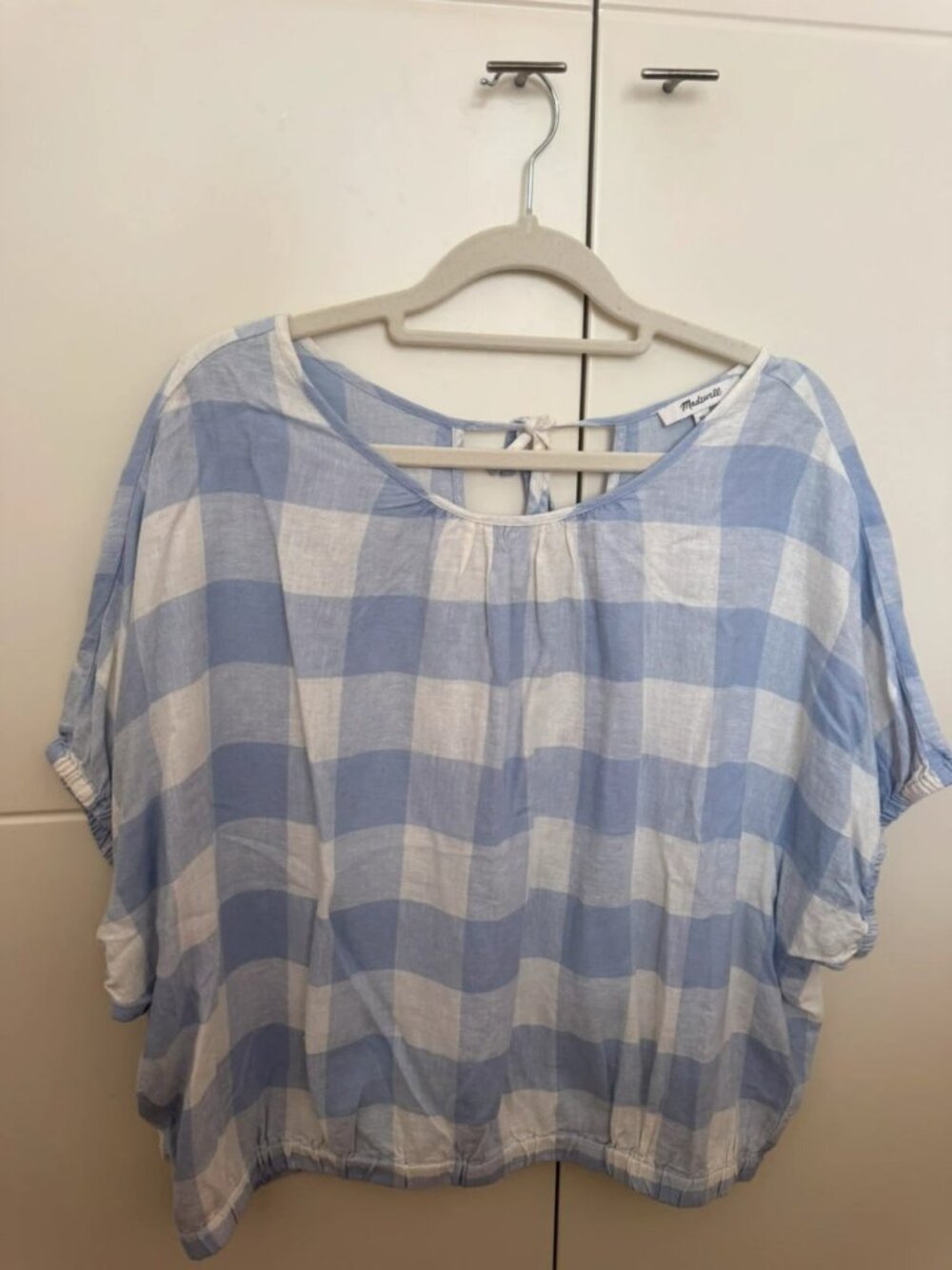 Women's Blue & White Gingham Short Sleeve Blouse Size XL